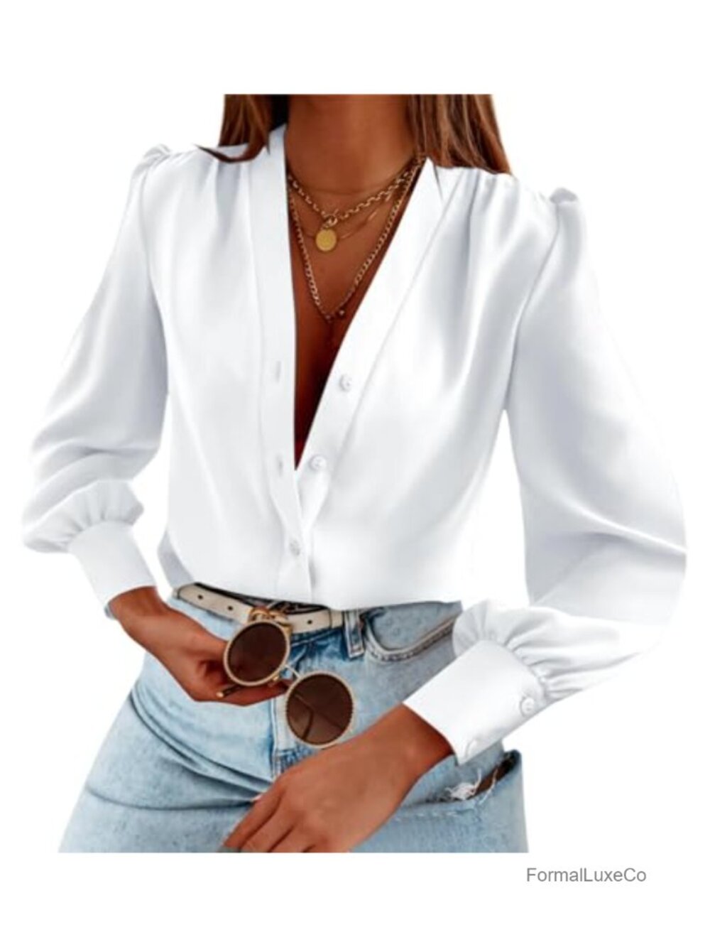 Women's Satin Silk Long Sleeve Button Down V Neck Work Blouse